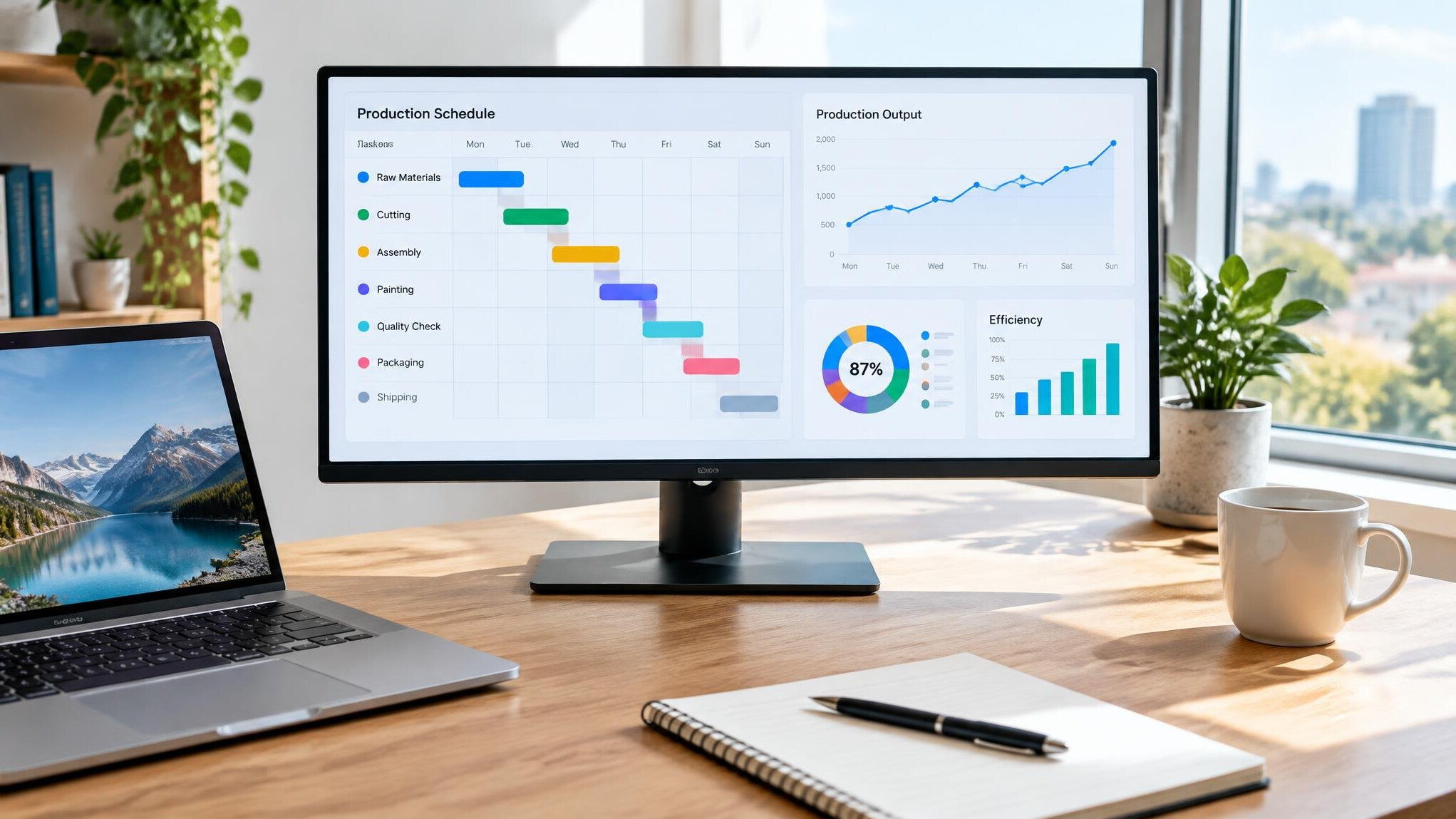 Monitor displaying analytics and charts on a desk