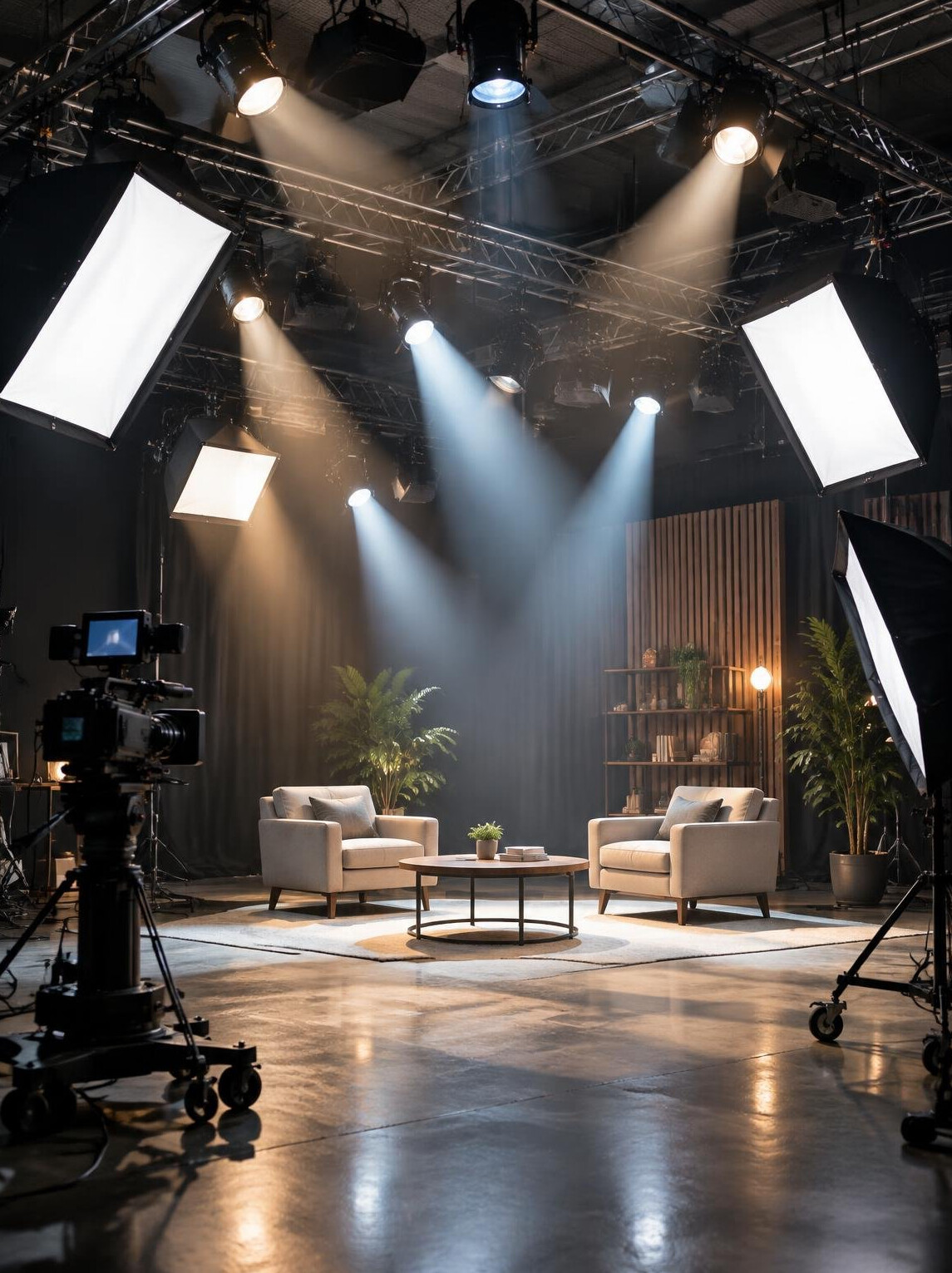 Studio lighting rig with spotlights on a production set