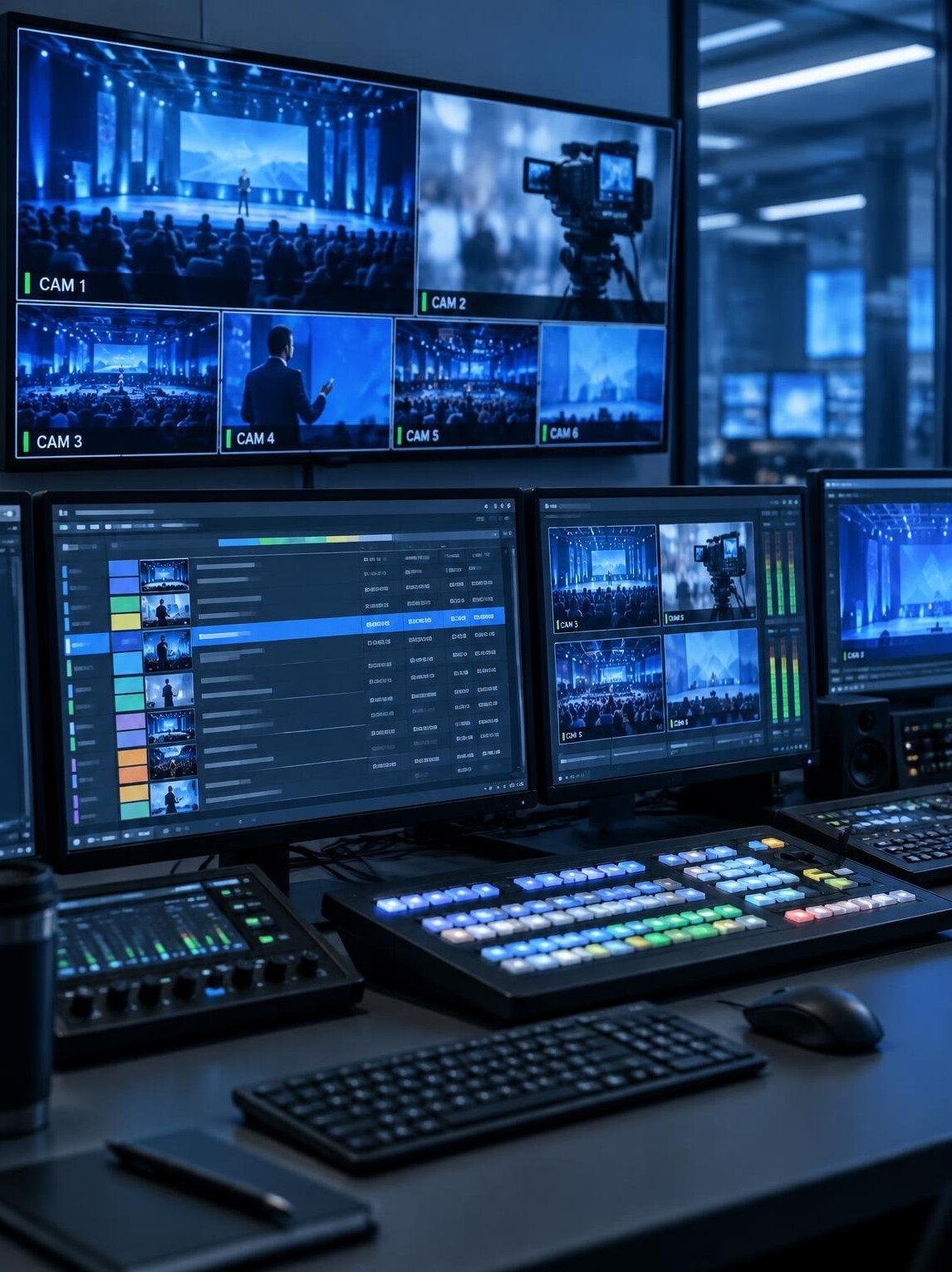 Production team working at laptops in a modern control room