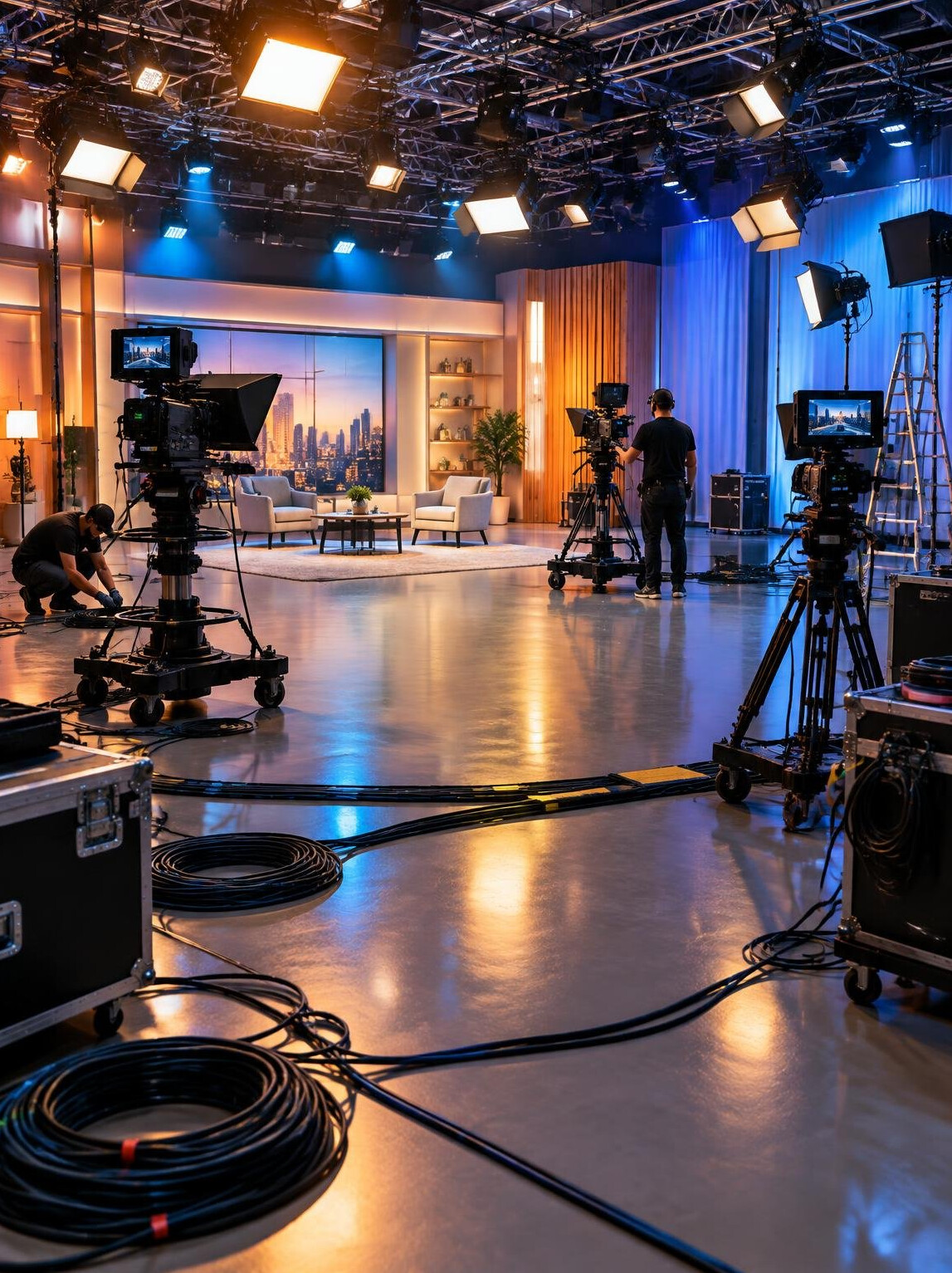 Film and television studio set under construction with equipment